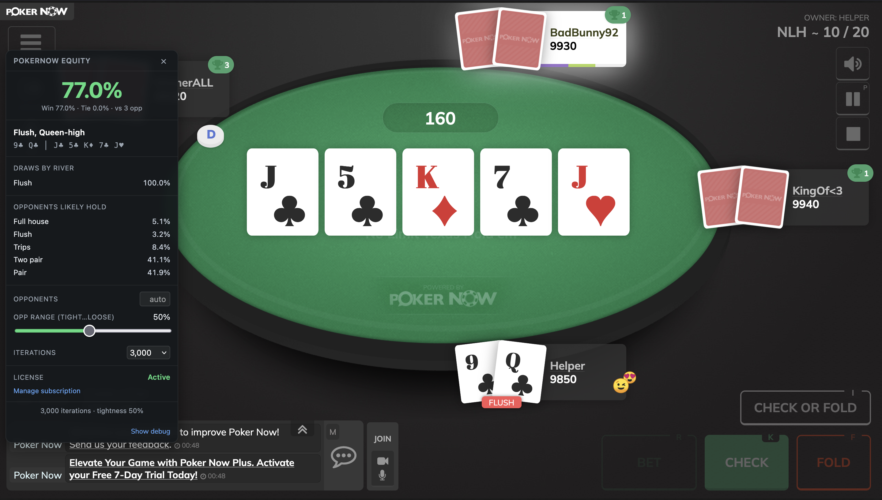 The PokerNow Equity Helper overlay on a strong hand, showing high win equity